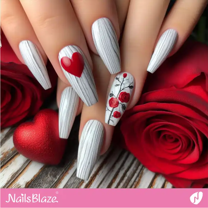 Wood-theme Nails with Red Roses and a Heart Accent Nail Art | Valentine Nails - NB2697